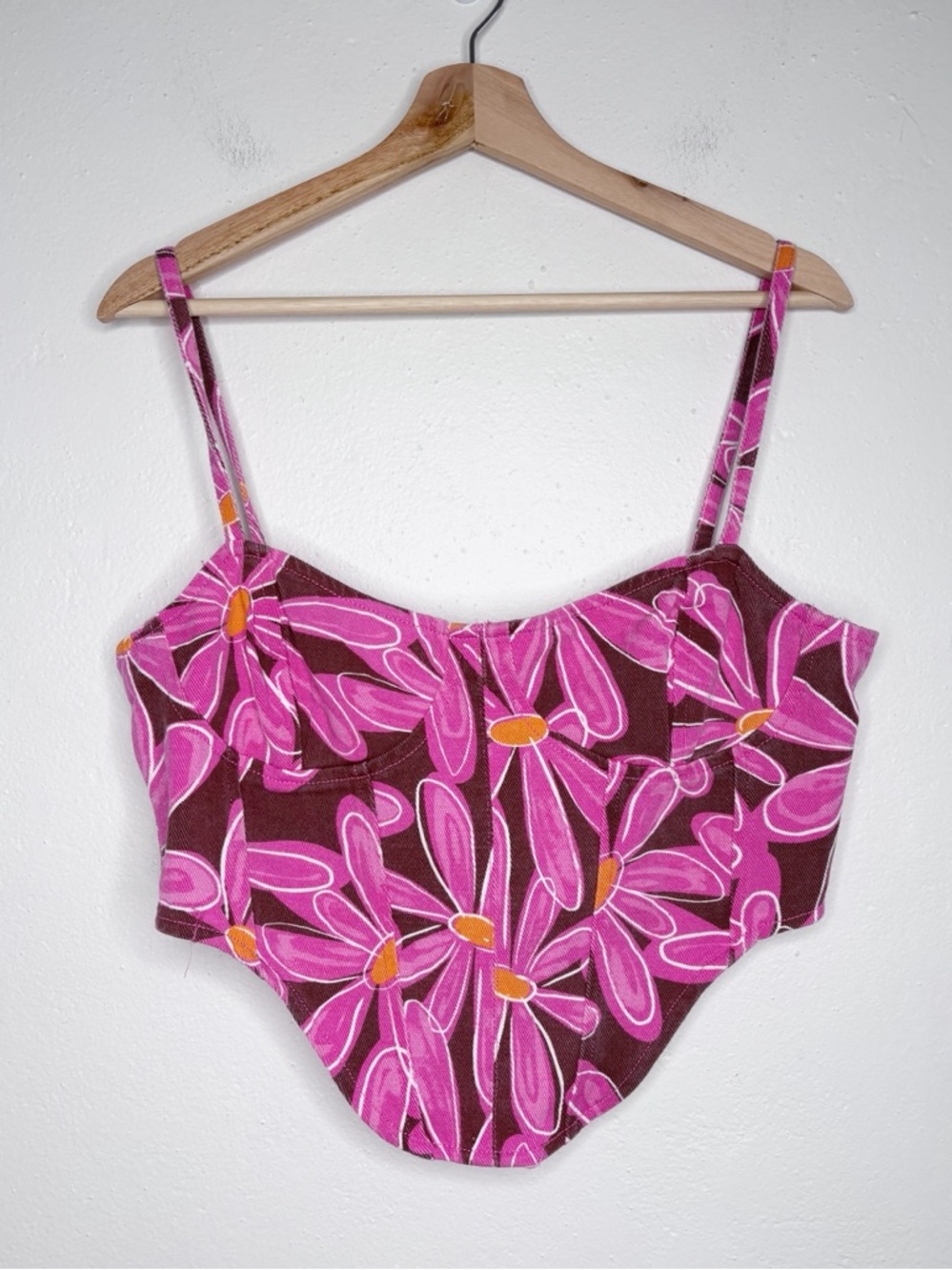 Pretty Little Thing Dipped Hem Pink Flower Print Denim Corset Size 12 NWT
